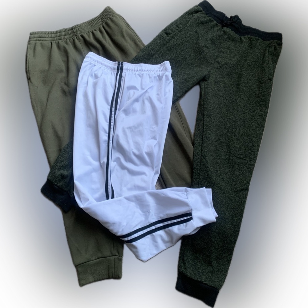 Bundle 3 Men's large Athletic sweat & Track Pants white, black Stripes, 2 green